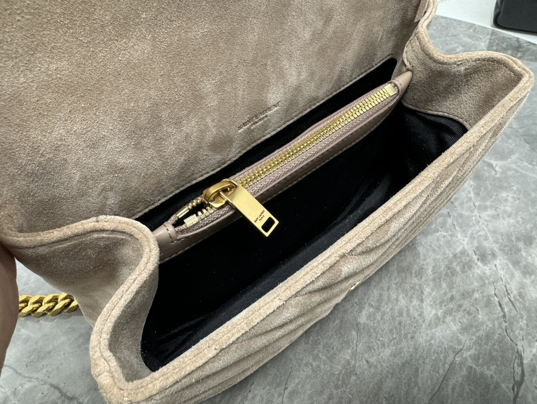 Y51 COLLEGE MEDIUM IN QUILTED SUEDE GRAY 9.4 X 6.6 X 2.5 INCHES