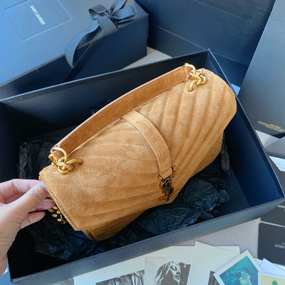 Y51 COLLEGE MEDIUM IN QUILTED SUEDE BROWN 9.4 X 6.6 X 2.5 INCHES