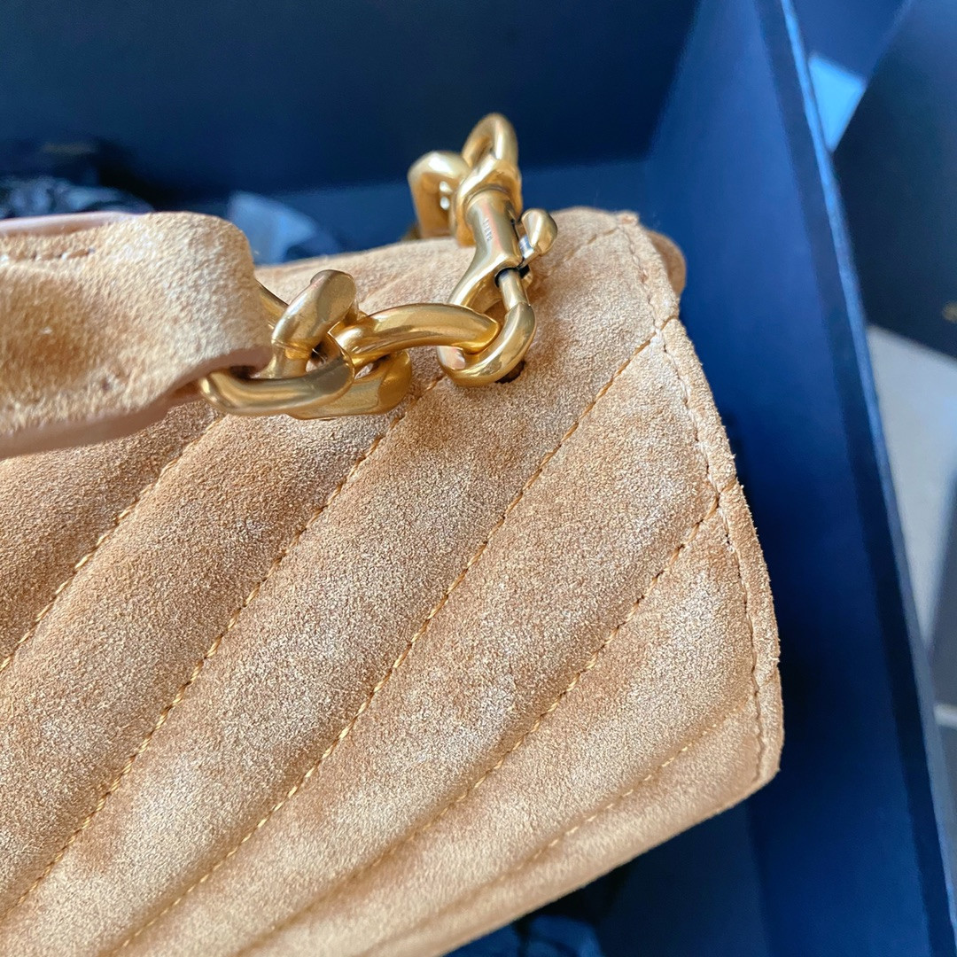 Y51 COLLEGE MEDIUM IN QUILTED SUEDE BROWN 9.4 X 6.6 X 2.5 INCHES