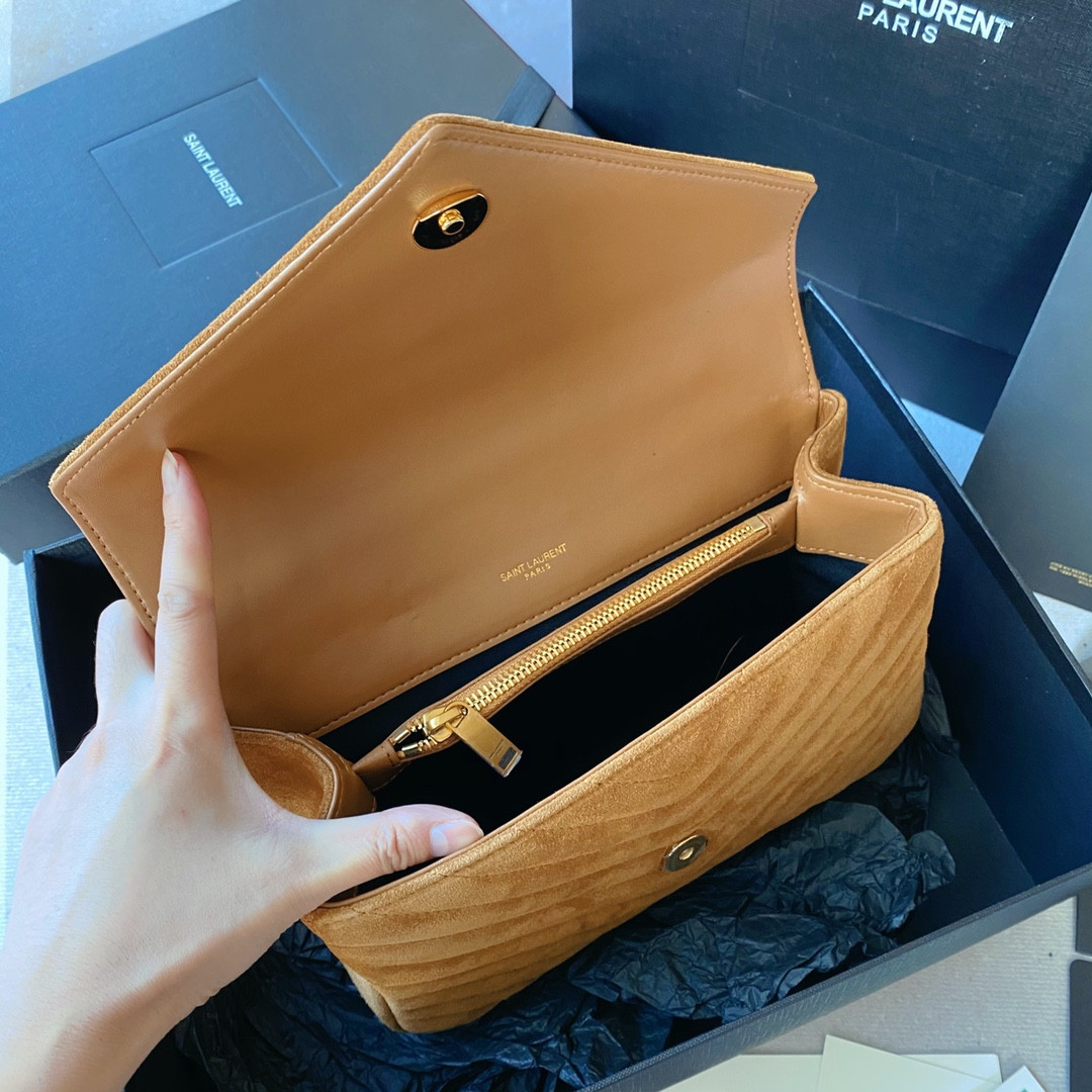 Y51 COLLEGE MEDIUM IN QUILTED SUEDE BROWN 9.4 X 6.6 X 2.5 INCHES