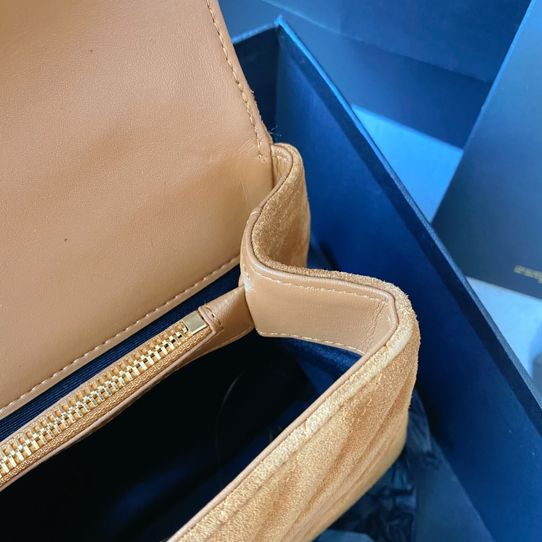 Y51 COLLEGE MEDIUM IN QUILTED SUEDE BROWN 9.4 X 6.6 X 2.5 INCHES