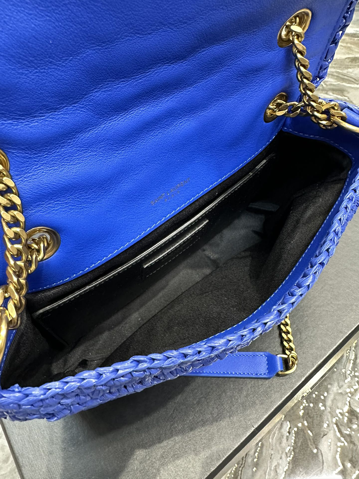 Y51 NIKI CHAIN BAG IN RAFFIA AND LEATHER BLUE 22×16.5×12 CM