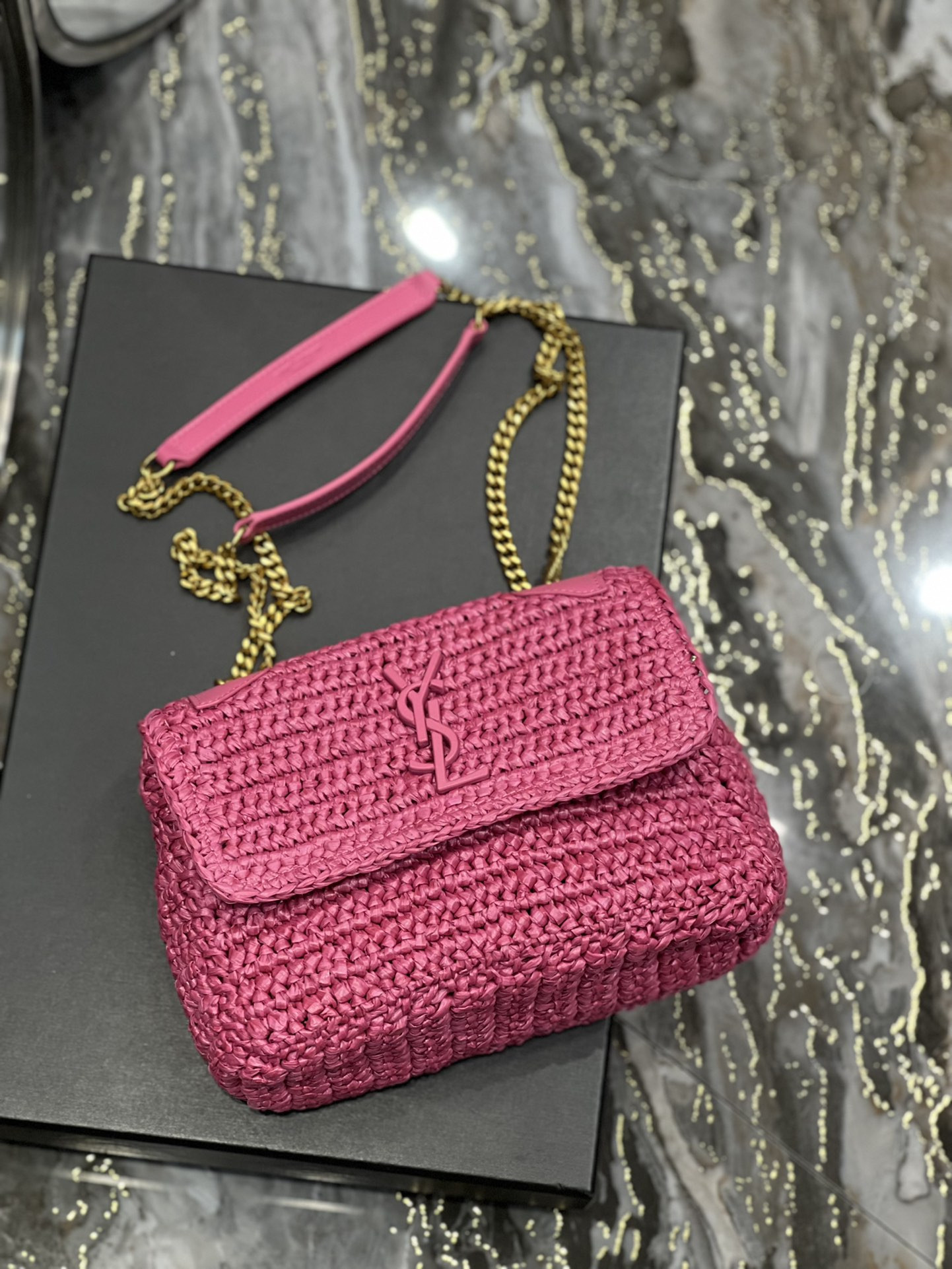 Y51 NIKI CHAIN BAG IN RAFFIA AND LEATHER 22×16.5×12 CM