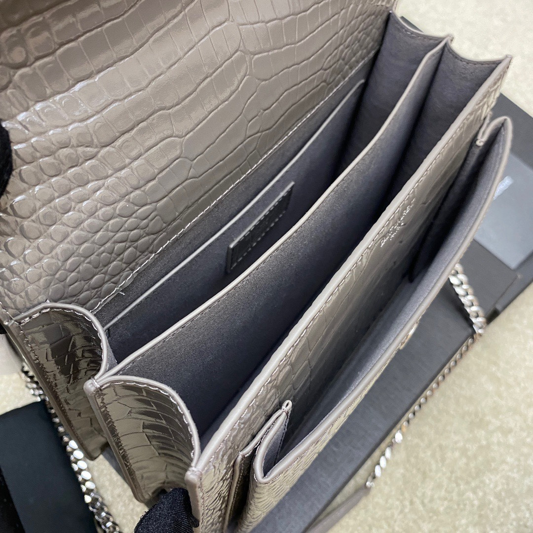 Y51 SUNSET MEDIUM IN CROCODILE-EMBOSSED LEATHER GRAY 8 X 6.2 X 2.5 INCHES