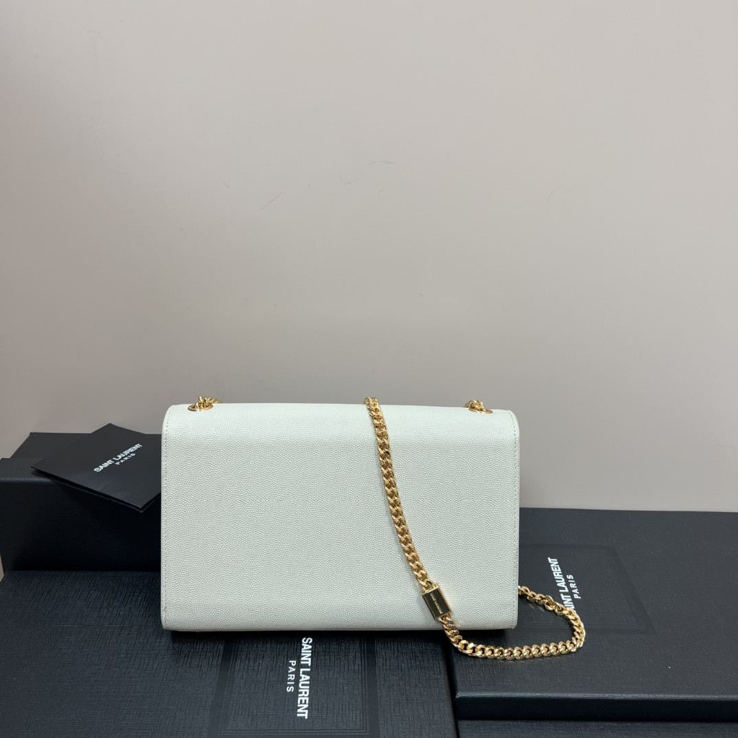 Y51 KATE MEDIUM IN GRAIN DE POUDRE EMBOSSED LEATHER WHITE GOLD 9.4 X 5.7 X 2.1 INCHES