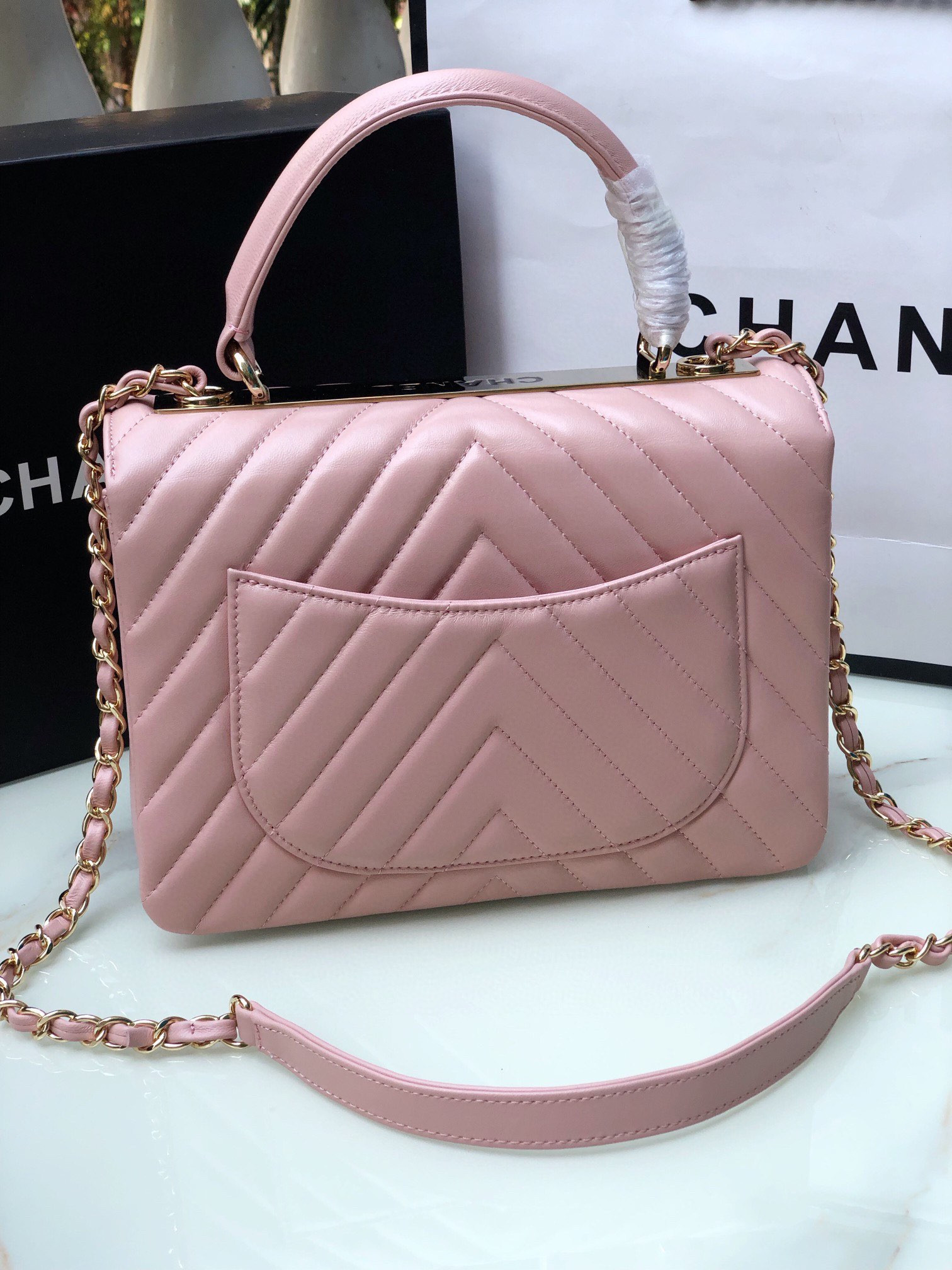 Ch**el FLAP BAG WITH TOP HANDLE PINK 6.6 × 9.8 × 4.7 in