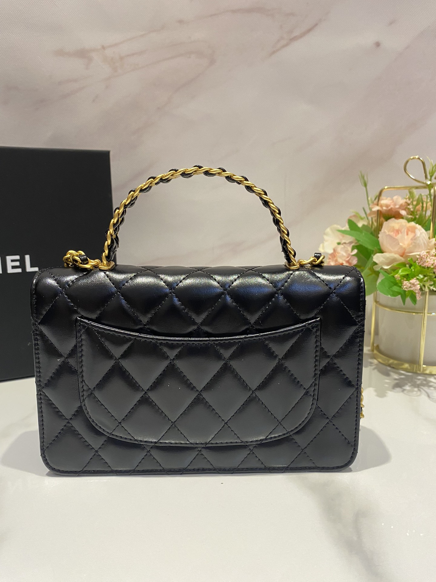 Ch**el CLASSIC WALLET ON CHAIN Rhinestone Handle BLACK 4.8 × 7.5 × 1.4 in