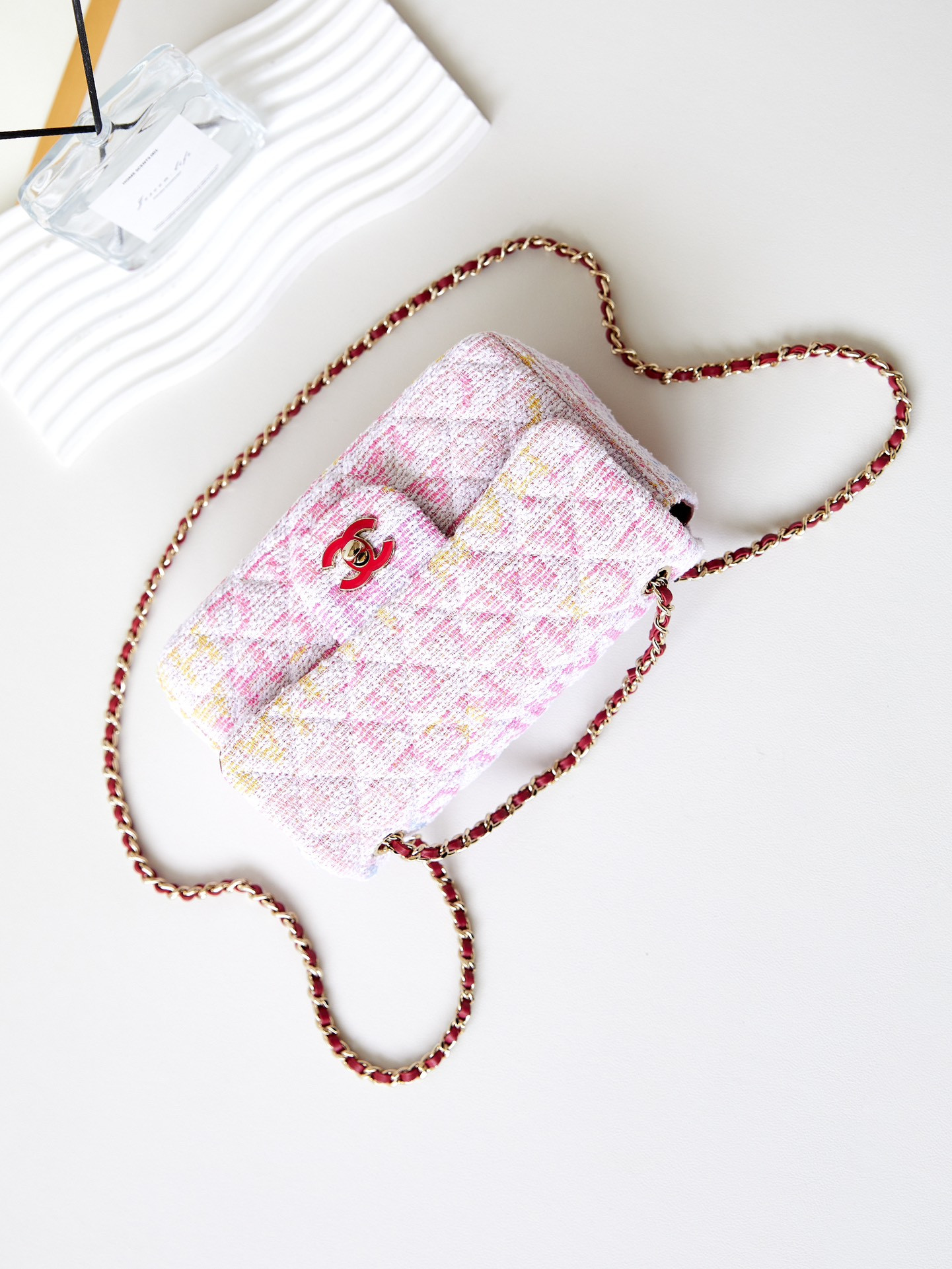 Ch**el Quilted Pink Multicolor Tweed Mini Rectangular Flap Bag 20×10×7cm