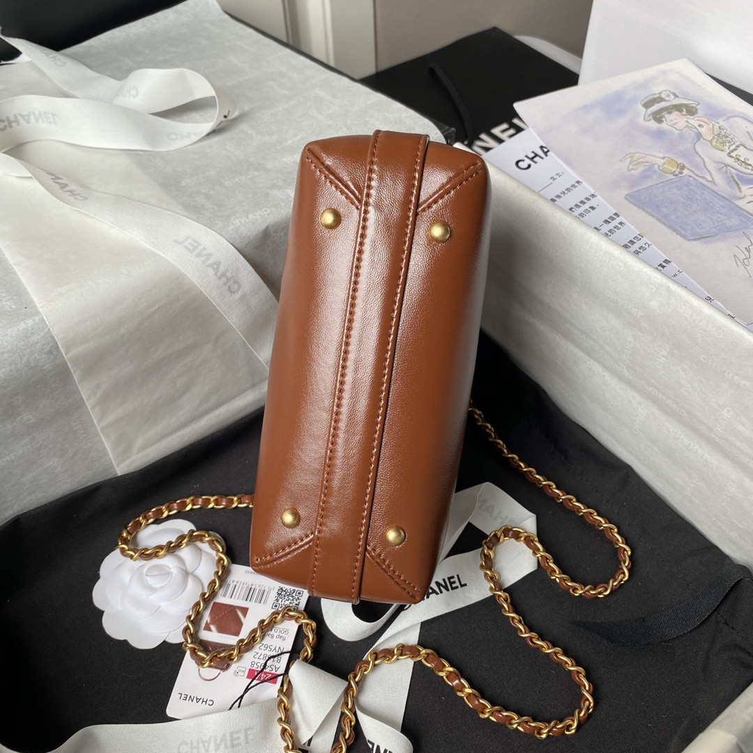 Ch**el MINI BAG WITH TOP HANDLE  Shiny Lambskin & Gold-Tone Metal Brown 12 × 18 × 7 cm