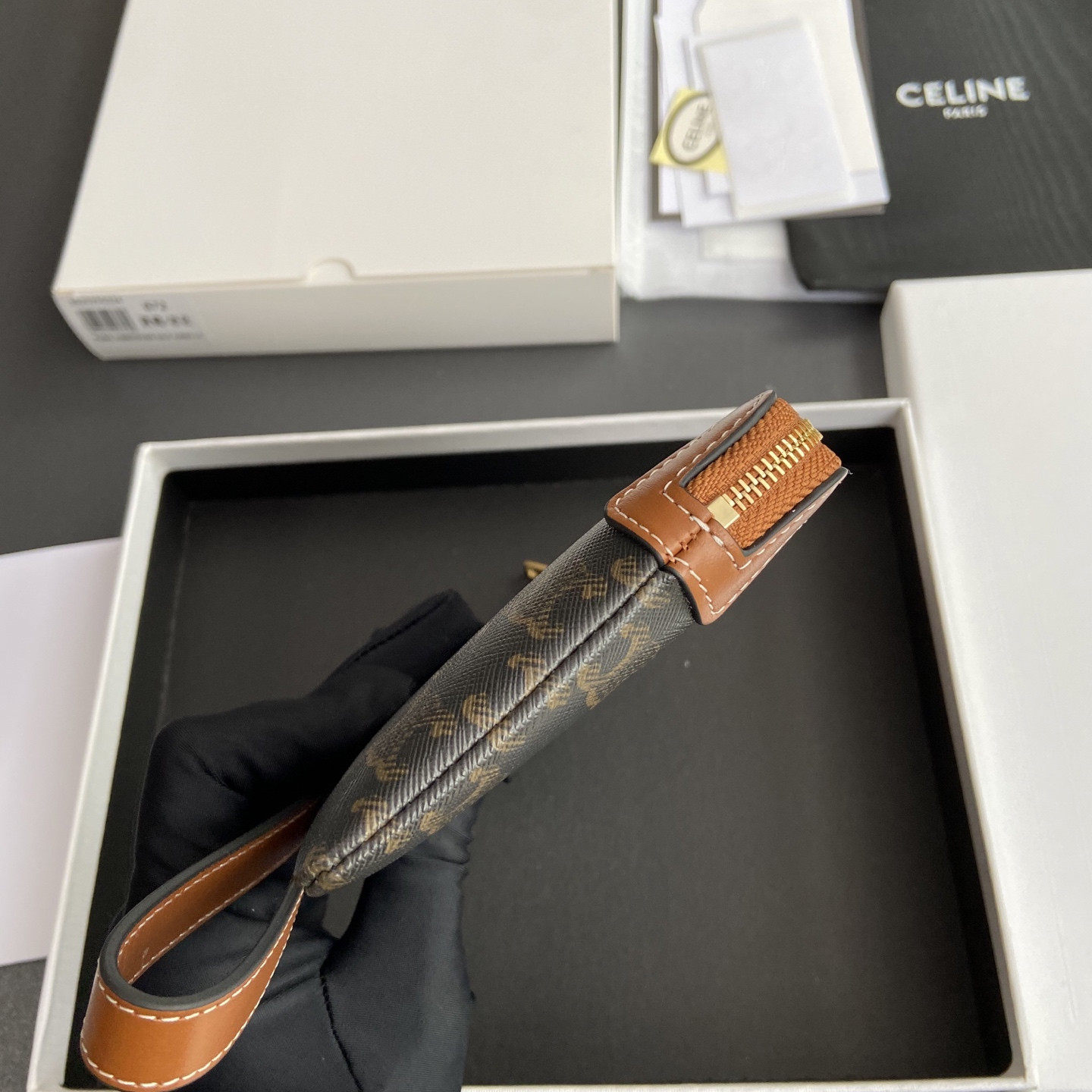 Ce1i*e LONG POUCH WITH STRAP in triomphe canvas and calfskin 21.5x11.5x1cm