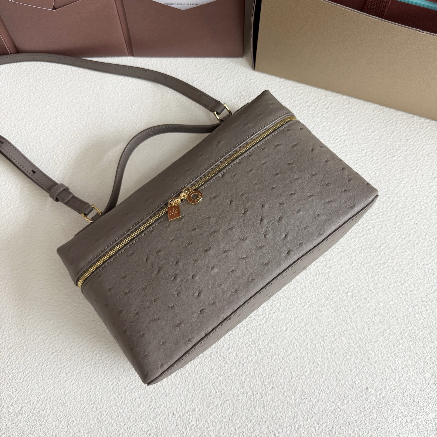 L0r0 P1ana Extra Pocket L27 Ostrich-grained Leather 16x27x10cm