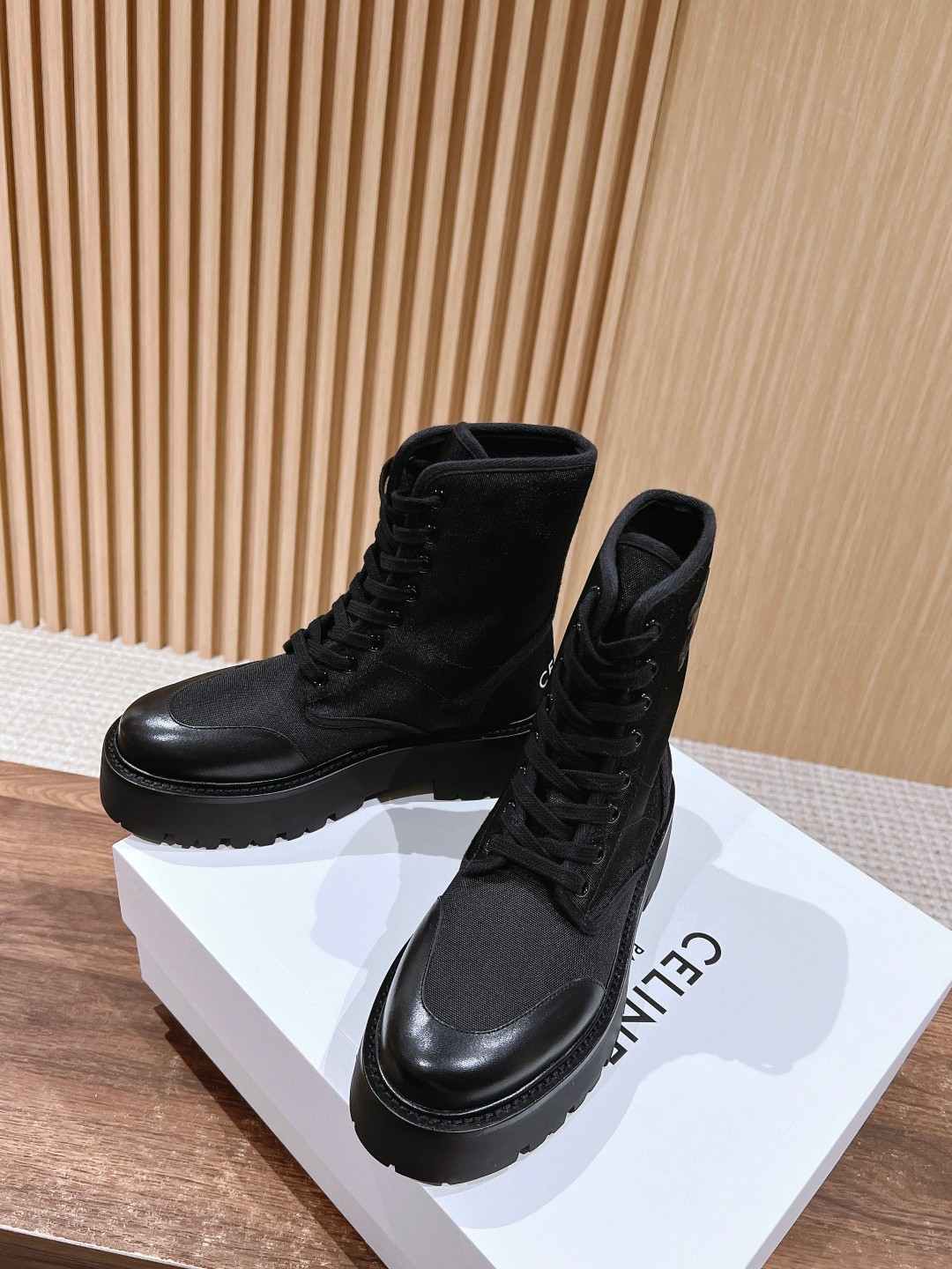 UA Ce1i*e Bulky Laced UP Boot in Nylon and Shiny Bull 4.5cm Heel