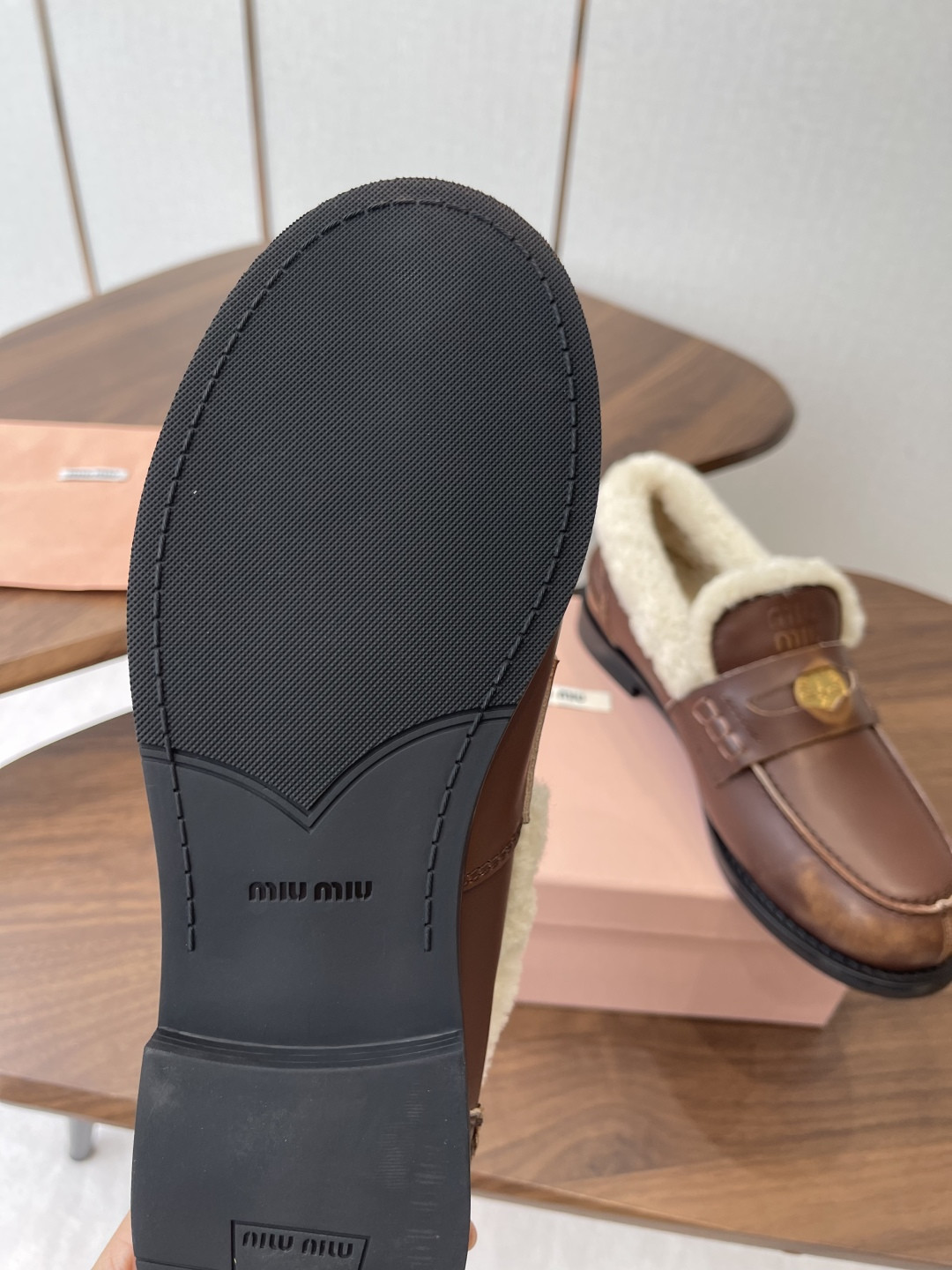 UA Miu Miu Bleached Leather and Shearling Penny Loafers