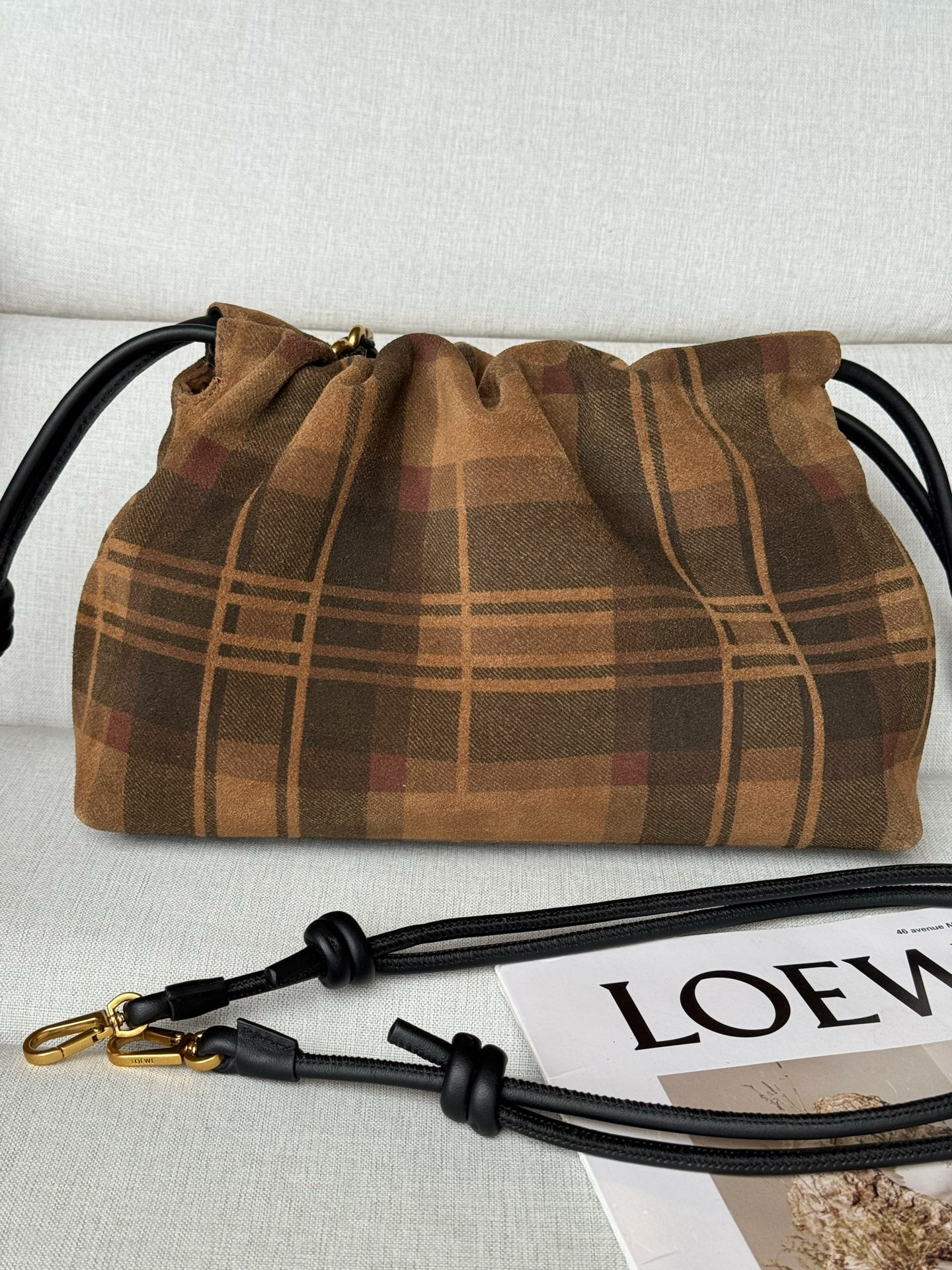 L0ew* Medium Flamenco Purse in Tartan Suede 20x30x10.5cm