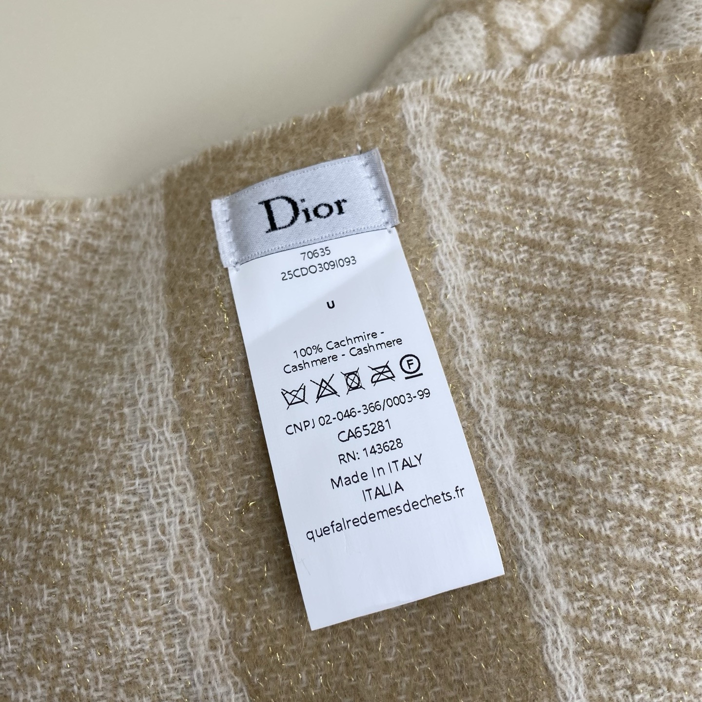 Dior Cannage scarf 220x45cm 67% cashmere 43% virgin wool