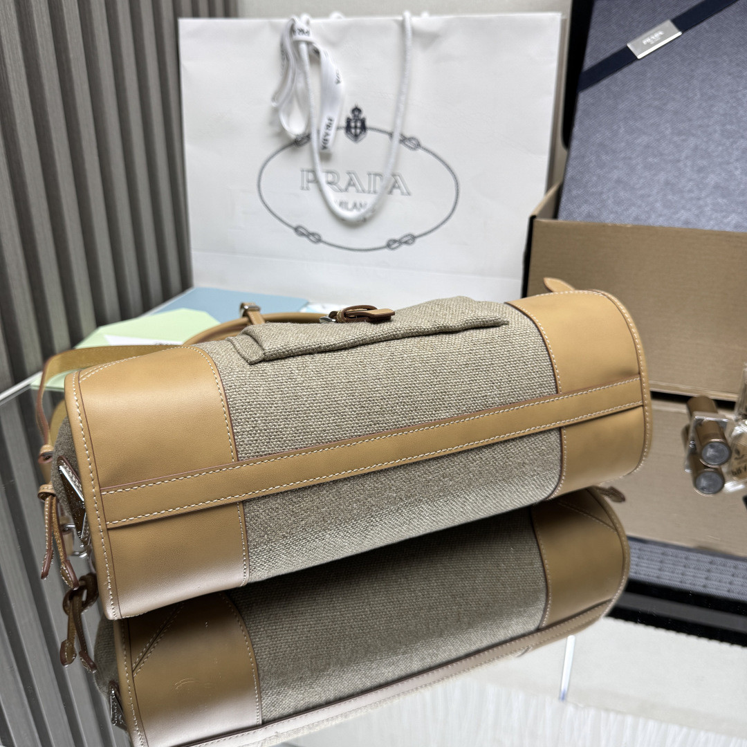 Pra*a Bonnie Medium Linen and Leather Handbag 15.5x32x12cm