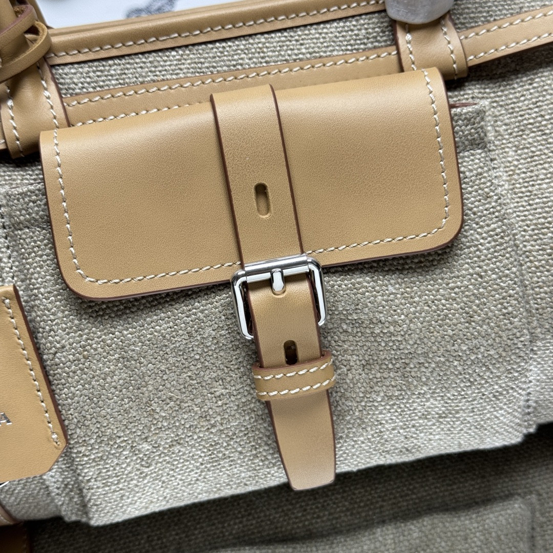 Pra*a Bonnie Medium Linen and Leather Handbag 15.5x32x12cm